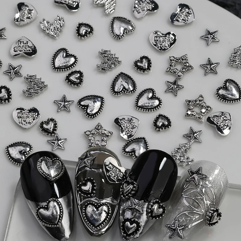 6-Compartment Alloy Heart & Five-Pointed Star Shape Nail Art Charm Boxed Metal Nail Rhinestones Ornament For Girls & Ladies