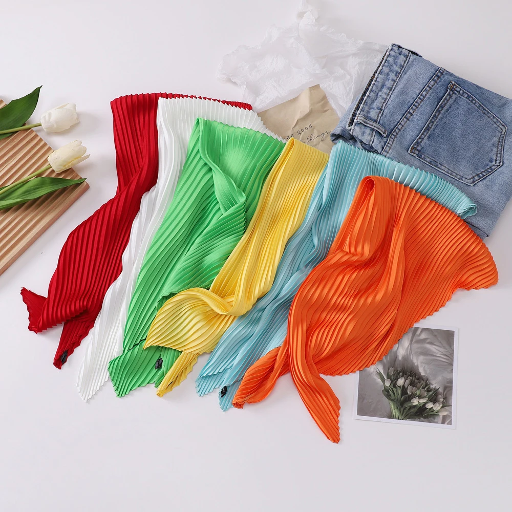 70*70Cm Square Crinkled Scarf Women Silk Pleated Scarf Bright Color Satin Neck Tie Shawl Wraps Female Neckerchief Bandana