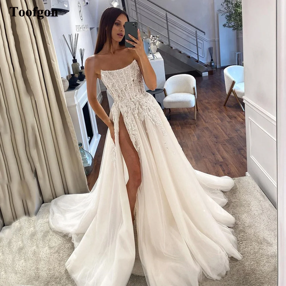 

Toofgon Elegant A Line Appliques Lace Wedding Gowns Boho High Split Country Bridal Wedding Dresses Princess Bride Dress 2023