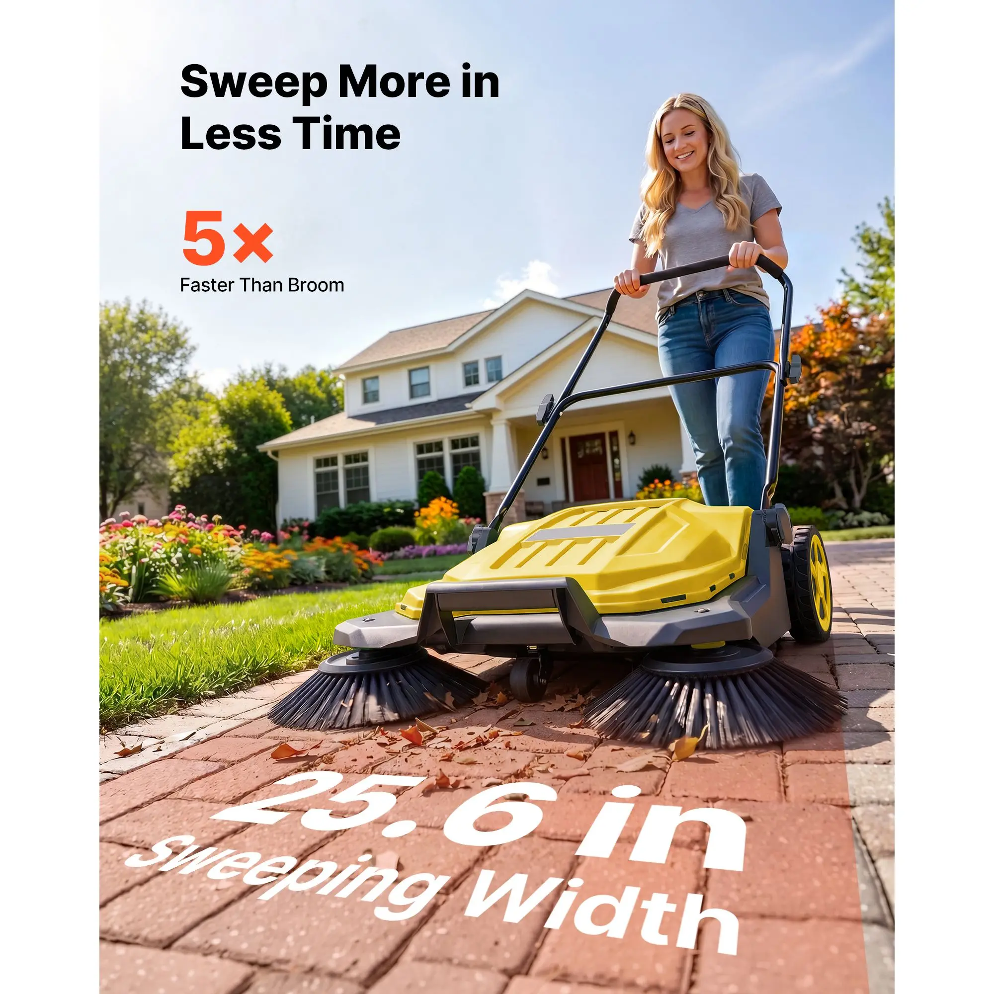 Walk-Behind Hand Push Floor Sweeper, Manual Floor Sweeper Non-Electric with 25.6