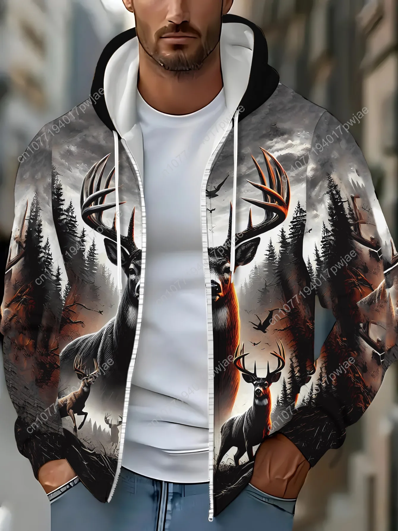 Casquette zippée à manches longues pour hommes, vêtements de sport, sweat à capuche imprimé forêt de cerf pour les aventures en plein air, tissu en polyester doux, couleur grise, Lig