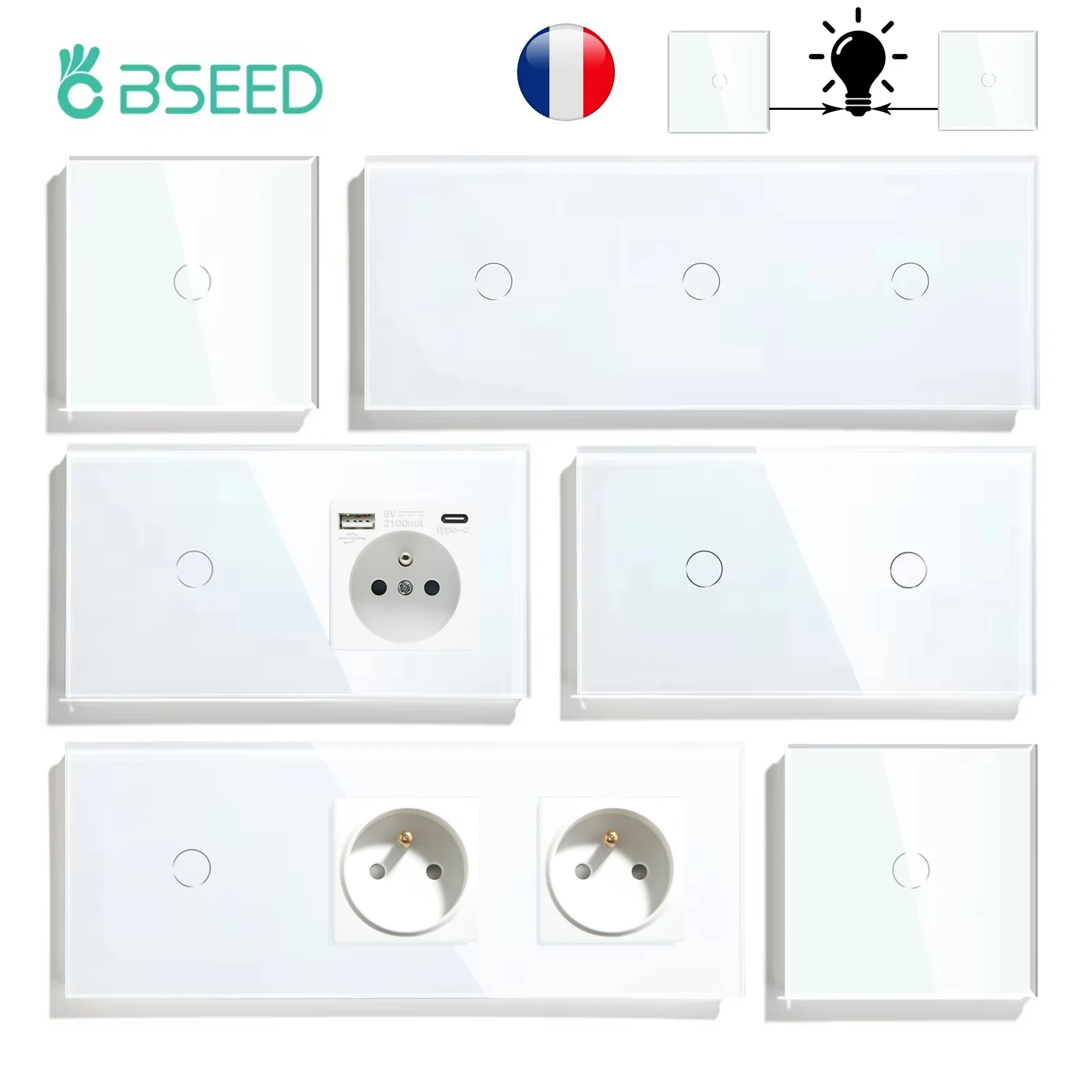 BSEED French Standard 1/2/3Gang Touch Switches 1/2/3Way For Stairs Bedroom With Wall Power Sockets Glass Panel Blue Backlight