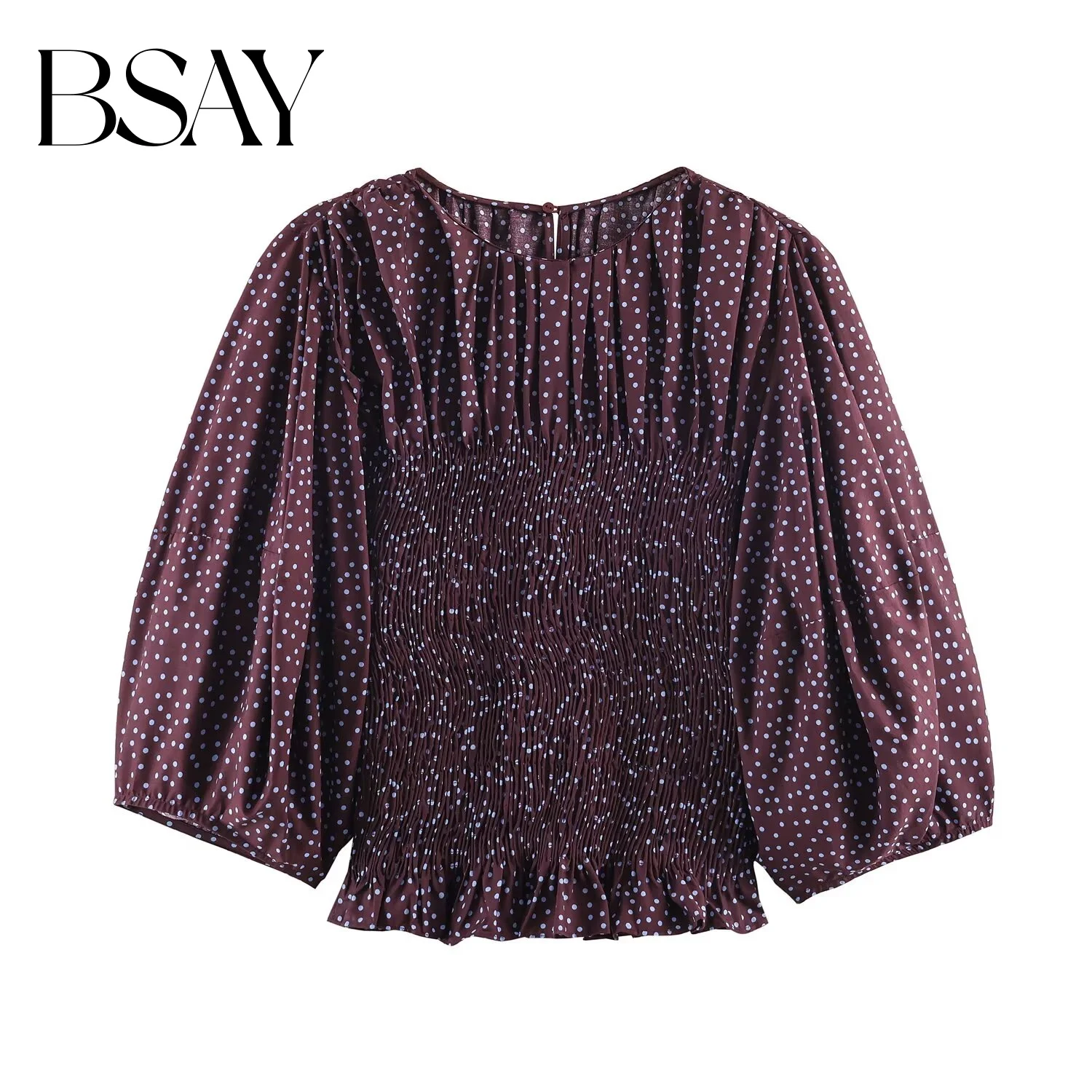 

BSAY 2026 Весенняя женская новинка: модная эластичная блузка с круглым вырезом и узором «соты», шикарная женская рубашка с принтом в горошек и рукавами-баллонами
