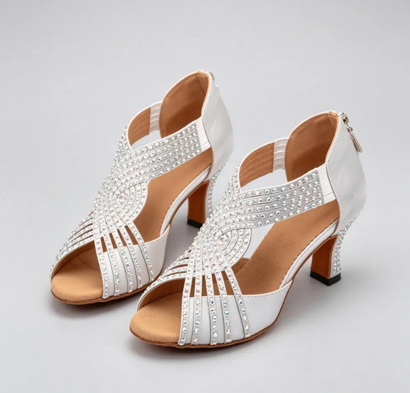 Professional Women's White Satin Rhinestone Dance Shoes Open Toe Ballroom Salsa Tango Competition Party Latin Dancing Sandals