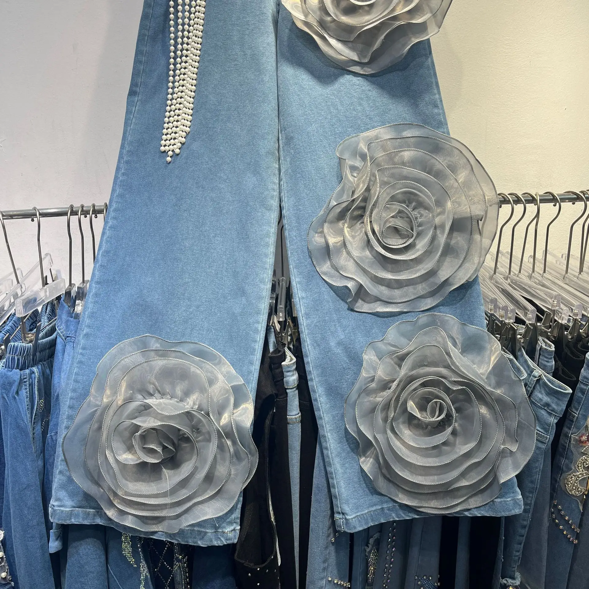 SuperAen Wide-leg Casual Jeans Women's Spring and Summer High Waist Loose New Design Three-dimensional Flower Jeans