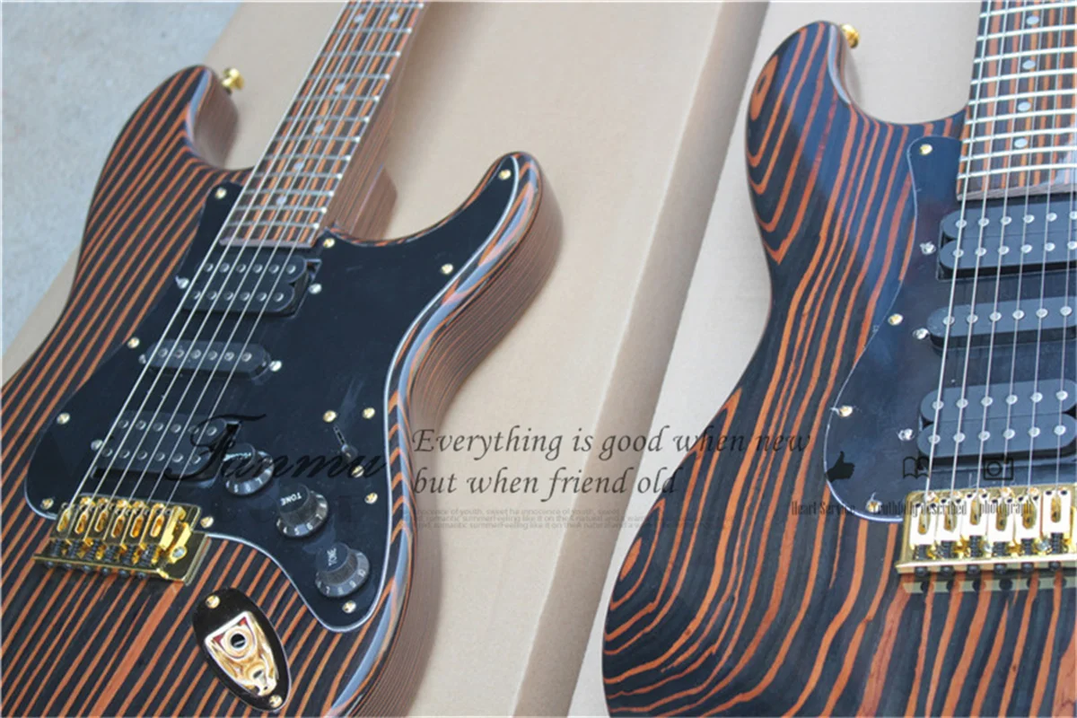 Zebra Wood Electric Guitar Stra Body Zebra Wood Neck Fixed Bridge HSH pickup Black guard Black tuner