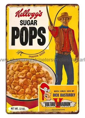 room decor 1980s kellogg's sugar pops corn pops cowboy cereal metal tin sign tin sign