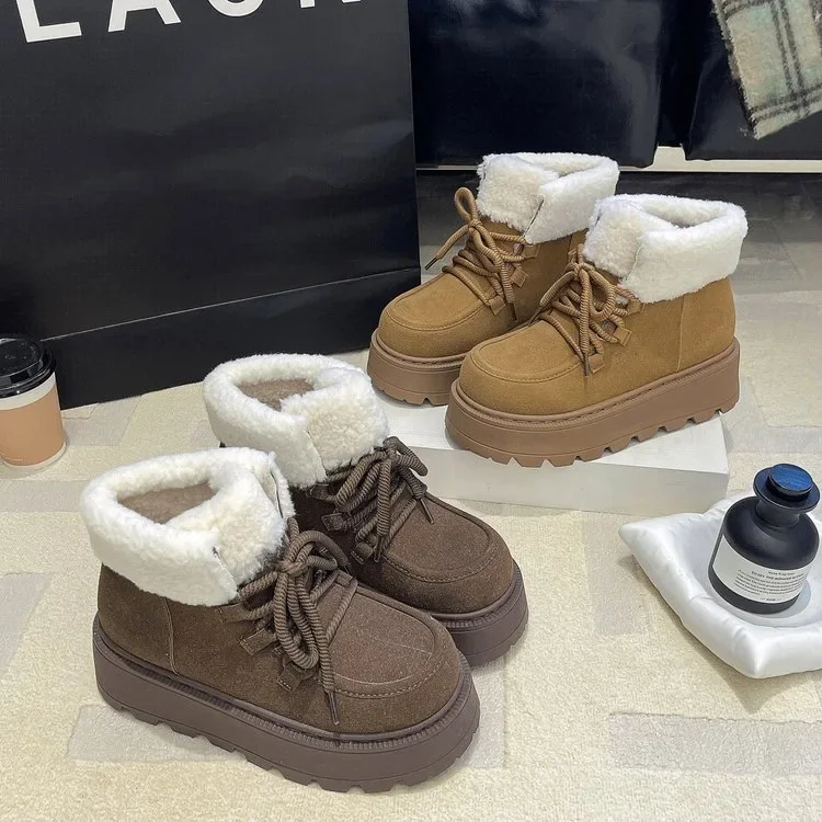 

Platform Women Ankle Boots Winter Flats Cotton Shoes Woman 2025 Trend Fashion Designer Lace Up Warm New Walking Snow Boots Mujer