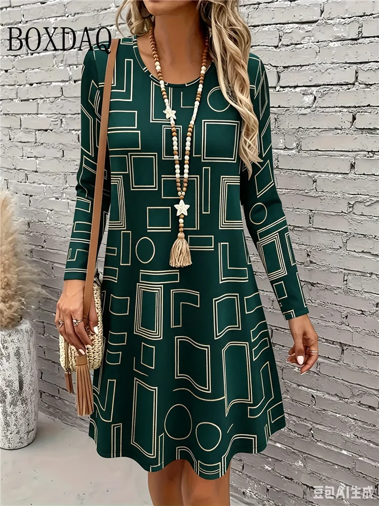 Women's Casual 3D Geometry Printed Long Sleeve Dresses For Women Fashion Loose Mini Dresses Spring Autumn O-Neck Women Dresses