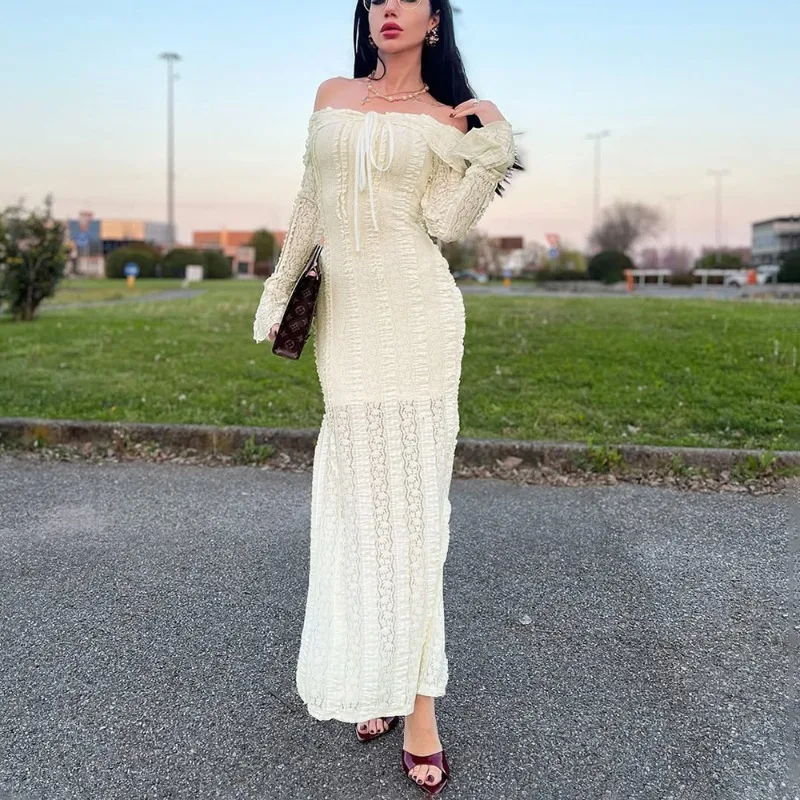 

Talenza Hollow Out Lace Backless Slim Long Dress Women Strapless Lace Up Off Shoulder Dresses Chic 2025 Sexy Female Party Robes