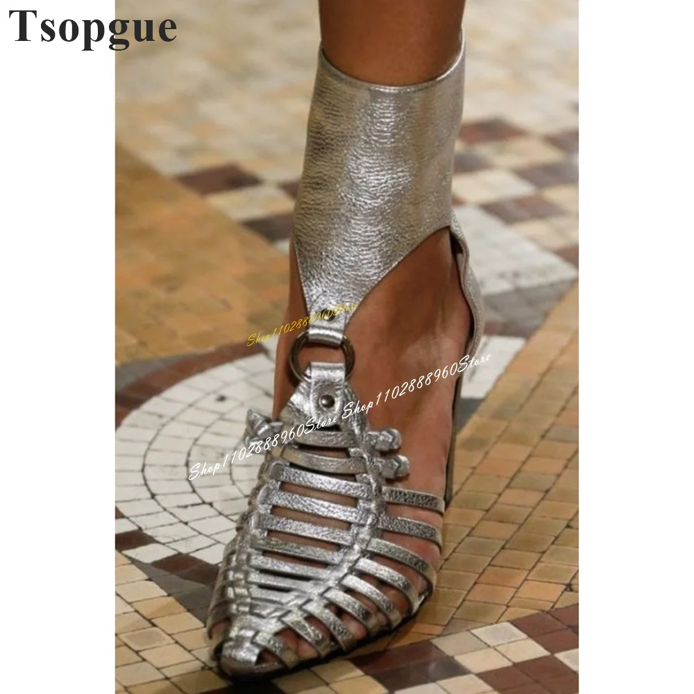 Runway Metallic Silver Hollow Sandals Chunky High Heel Shoes For Women Back Zipper Pointed Toe 2024 Fashion Zapatos Para Mujere