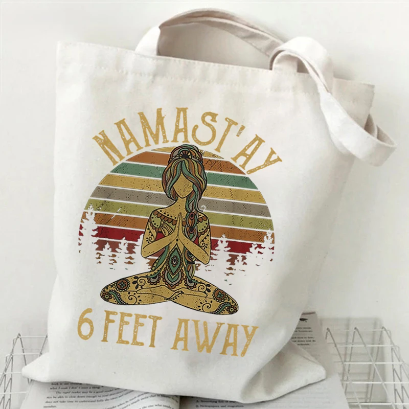 Women Tote Bags Yoga Cat PAWS & MEDITATE Print Canvas Shopping Bag Yoga Lover Design Canvas Shopping Bag Folding Women Handbags