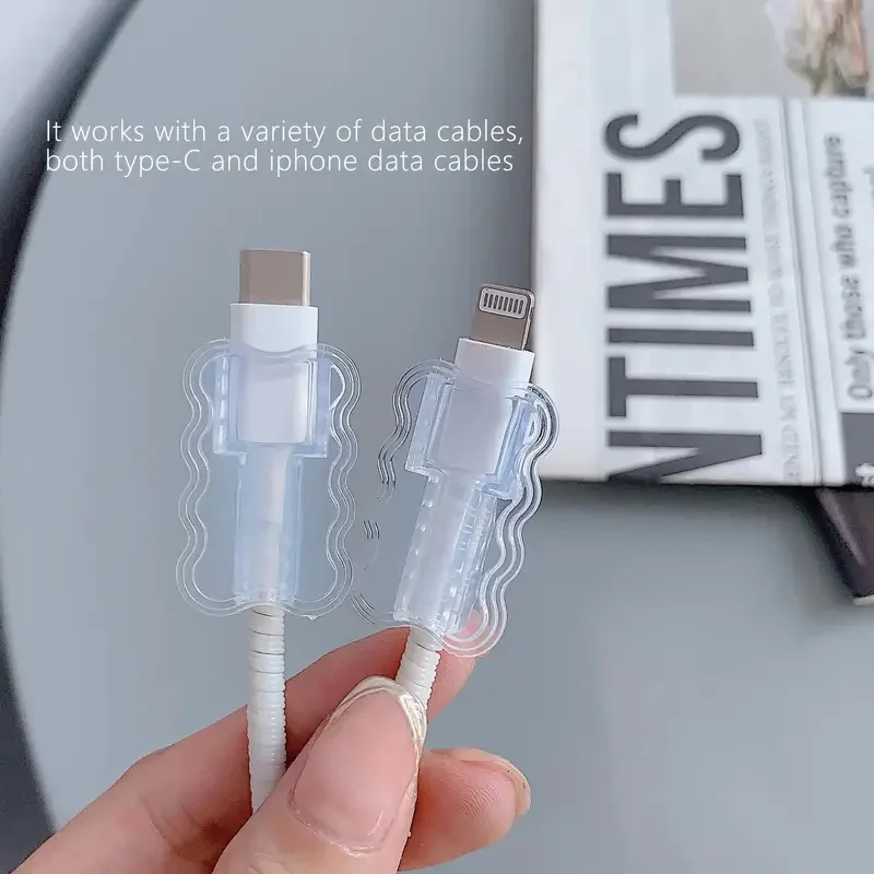 1/5PCS Transparent Data Cable Protector Anti-Breakage Wear-resistant Data Cable Sleeves Double Layered Waves Fall Prevention