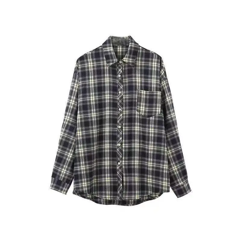 

Fashion Dark Blue Plaid Shirt Harajuku Streetwear Spring Women Vintage Long Sleeve Oversize Blouse Korean Female Women's Shirt