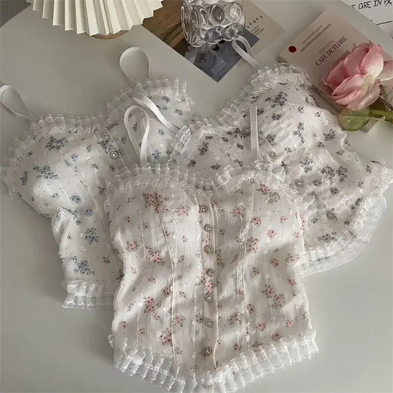Summer Women Crop Top Korean Lace Sexy Floral Vest with A Beautiful Back Wrapped Around Halter Sleeveless Sweet Vest Tank Top