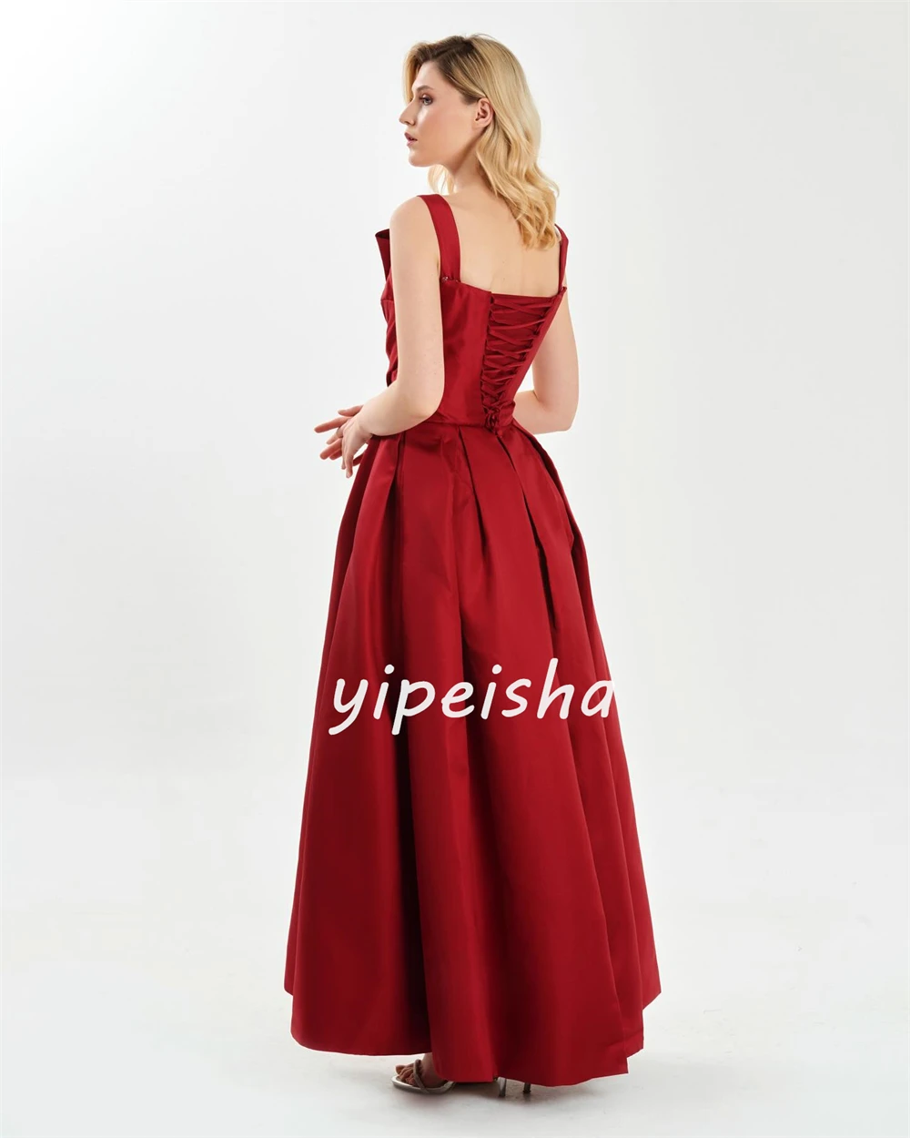 Customized Sparkle Exquisite Satin Draped Pleat Wedding Party A-line Square Collar Bespoke Occasion Gown Midi Dresses