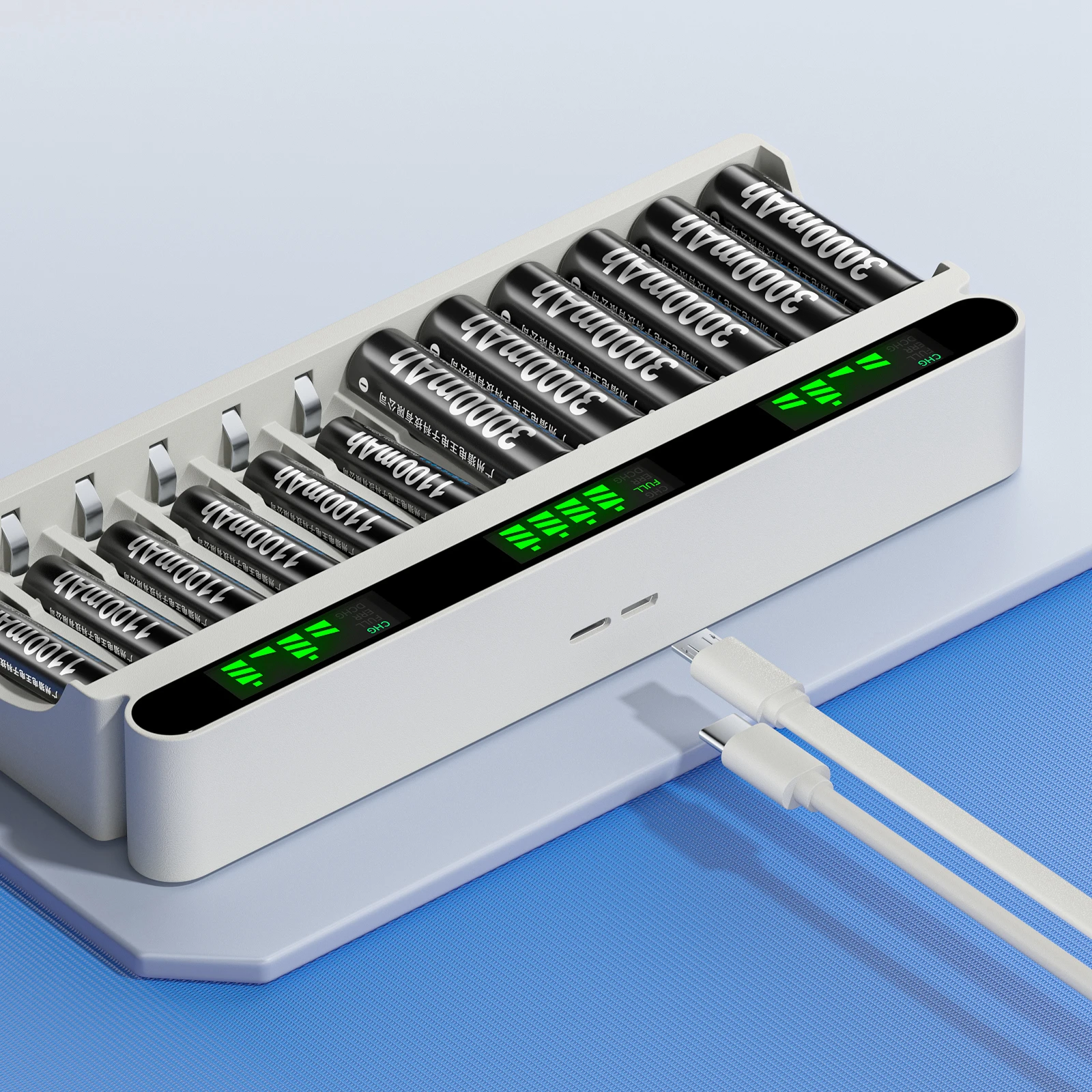 PALO AA Battery Rechargeable 1.2V 3000mAh Ni-MH 2A Batteries with 12-slots Smart Mix-Charge LCD Display AA/AAA Battery Charger