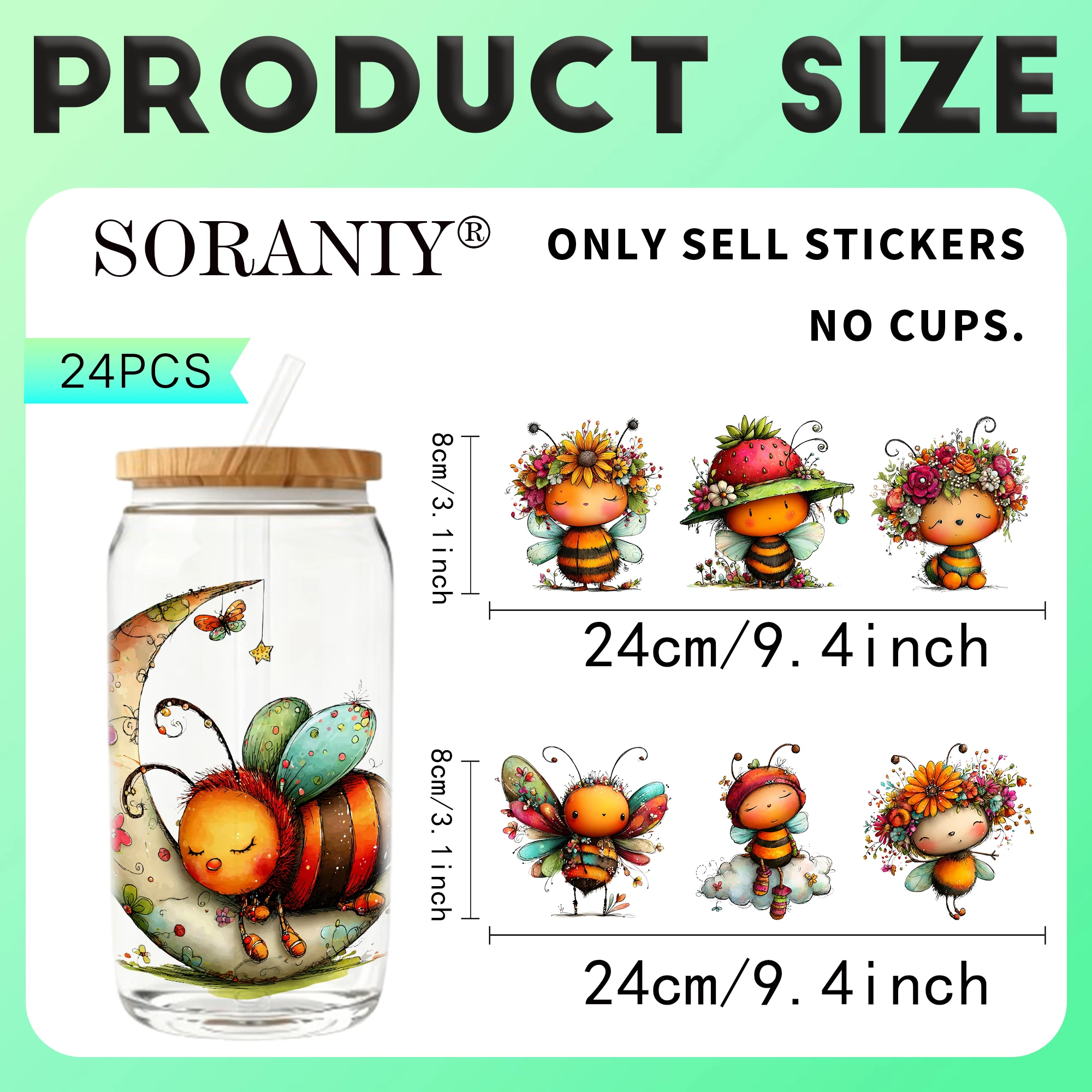 24PCS/Set Whimsical Summer Bee Themed UV DTF 16OZ DIY Transfer Paper Sticker - view 2