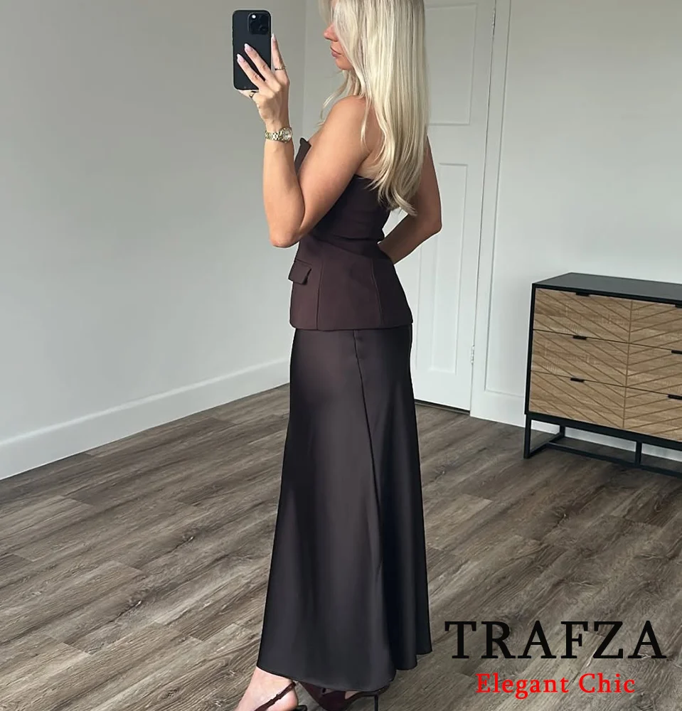 TRAFZA-Women Elegant Chocolate Skirt Set Tube Top + Elastic Waist Satin Hip Skirt New 2025 Spring Summer Slim Mocha Mousse Set