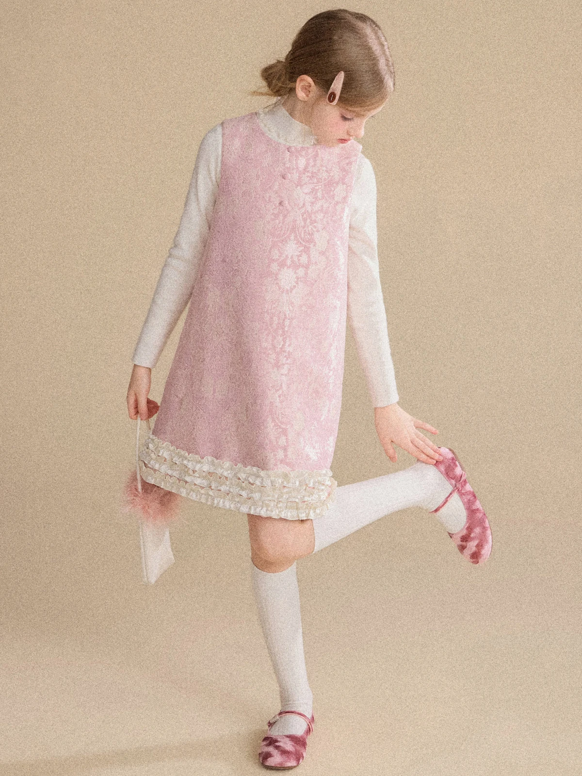 Girls Pink Quilted Jacquard Dress Fleece Lined Sleeveless Pinafore with Ruffle Hem for Fall Winter Warm Party Outfit for Toddler