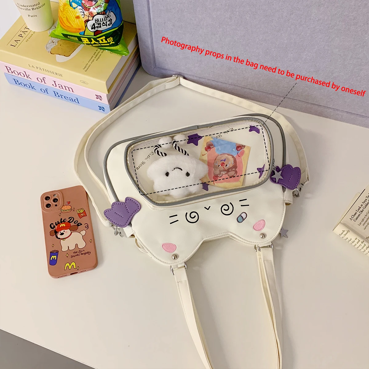 

Cute Kitten Pattern Kids Crossbody Bag Transparent Window Large Capacity PU Material Zipper Adjustable Strap School Travel