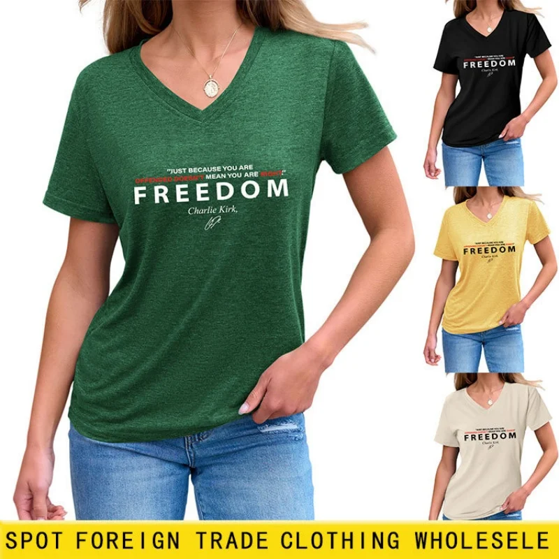 

Женская летняя футболка с короткими рукавами и принтом, в корейском стиле, с V-образным вырезом, модный и универсальный топ.