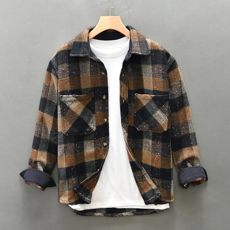 

Autumn Winter New Loose Vintage Plaid Long Sleeve Big Pockets Men Shirts Casual Soft Brushed Shirts for Men Clothing