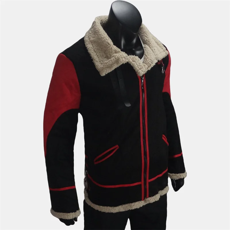 Casacos de motociclista de lã masculino, lapela quente, outerwear de lã grossa, pele sintética, forro de lã, casaco masculino, inverno