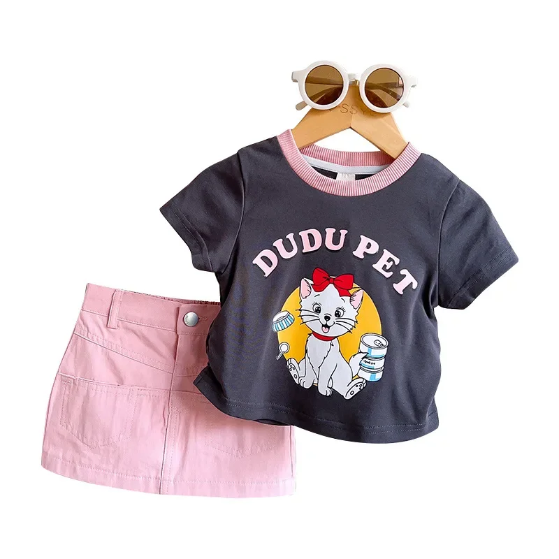 Children Girls Cartoon Cat T Short Sleeve T Shirts +Skirt Baby Girls 2 Pcs Clothing Set Clothes Suits