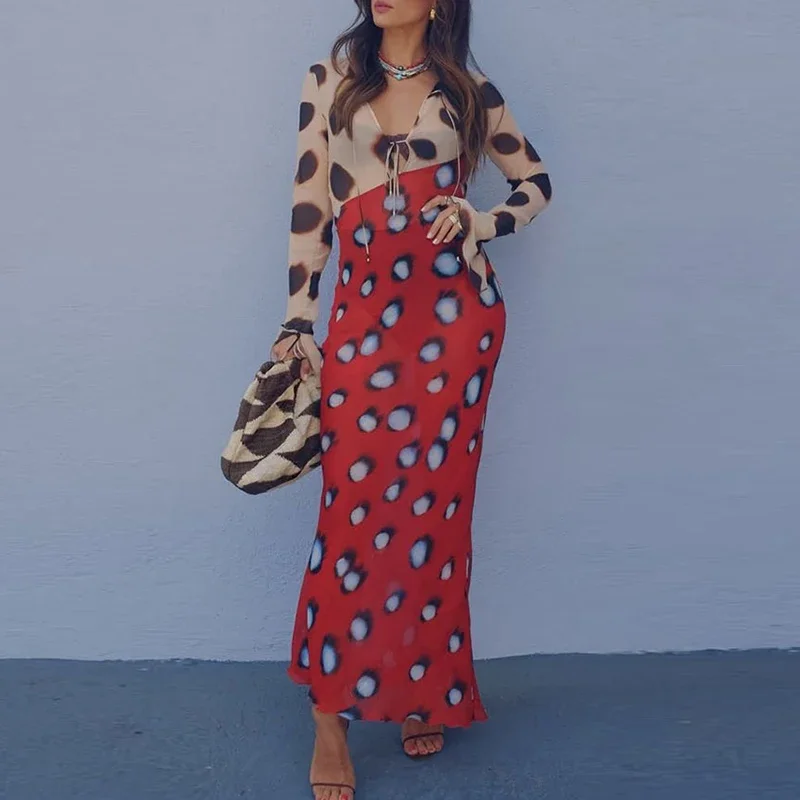 V Neck Lace Up Women's Casual Dress New Thin Mesh Spring Summer Dress Polka Dot Print Flared Sleeves Slim Fit Yacht Party Dress - view 6