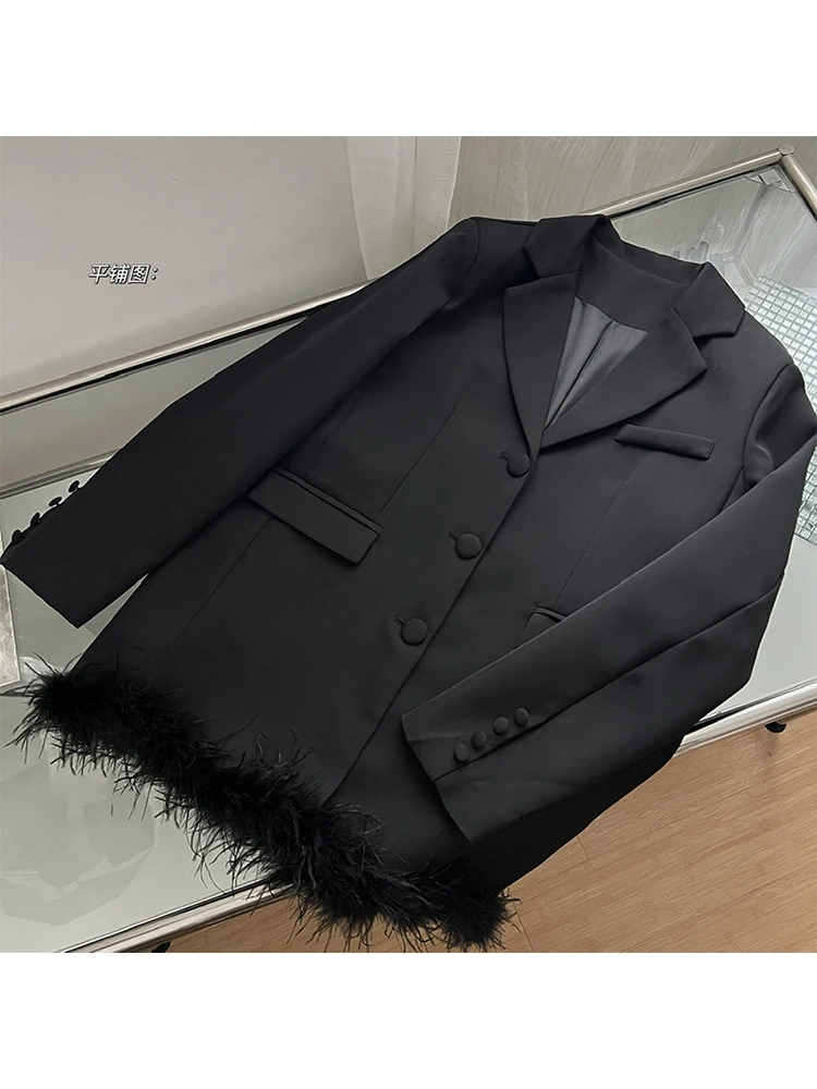 Formal Occasion Korean Fashion Long Sleeve Blazer Autumn Winter Lapel Collar Suit Jacket Feathers Spliced Office Lady Outerwear