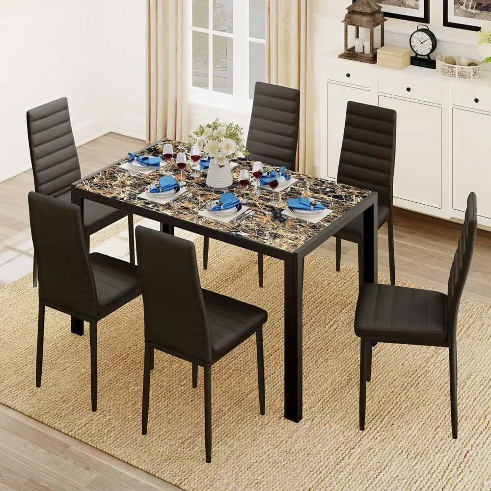 

Kitchen Dining Table Tempered Glass Table and Chairs Set Modern for Home, Kitchen, Living Room, Dining Room, Marble