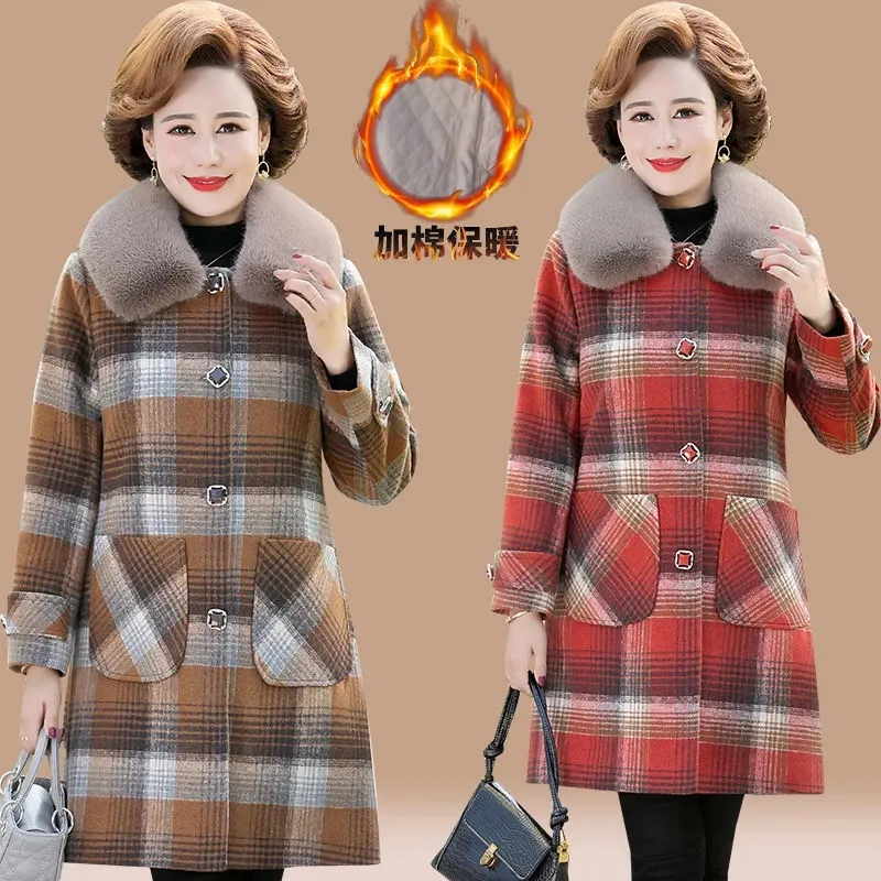 

2022 New Thicken Autumn Winter Coat Med Long Fashion Middle-Aged Elderly Women's Woolen Jacket Fur Collar Outerwear Windbreaker