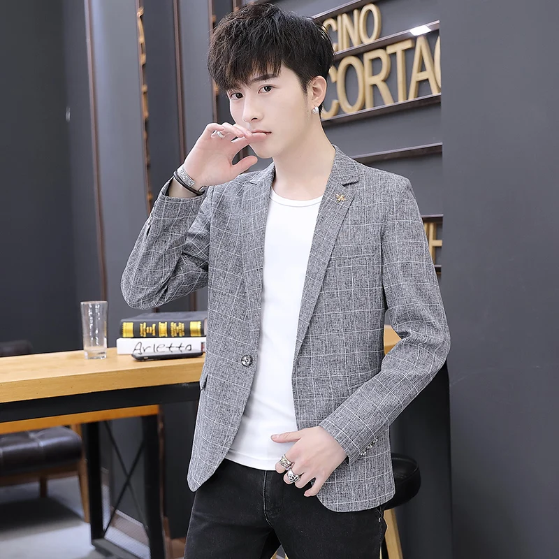 

Casual Men's Plaid Slim Fit ort Suit Jaet Spring Autumn Single Piece Top for Students Faionable Urban Sle Long Sve