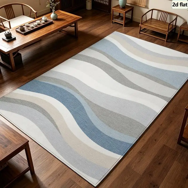 Carpet Flooring Light Blue Grey Wavy Stripe Area Rug Neutral Curved Line Abstract Floor Carpet Indoor Decor