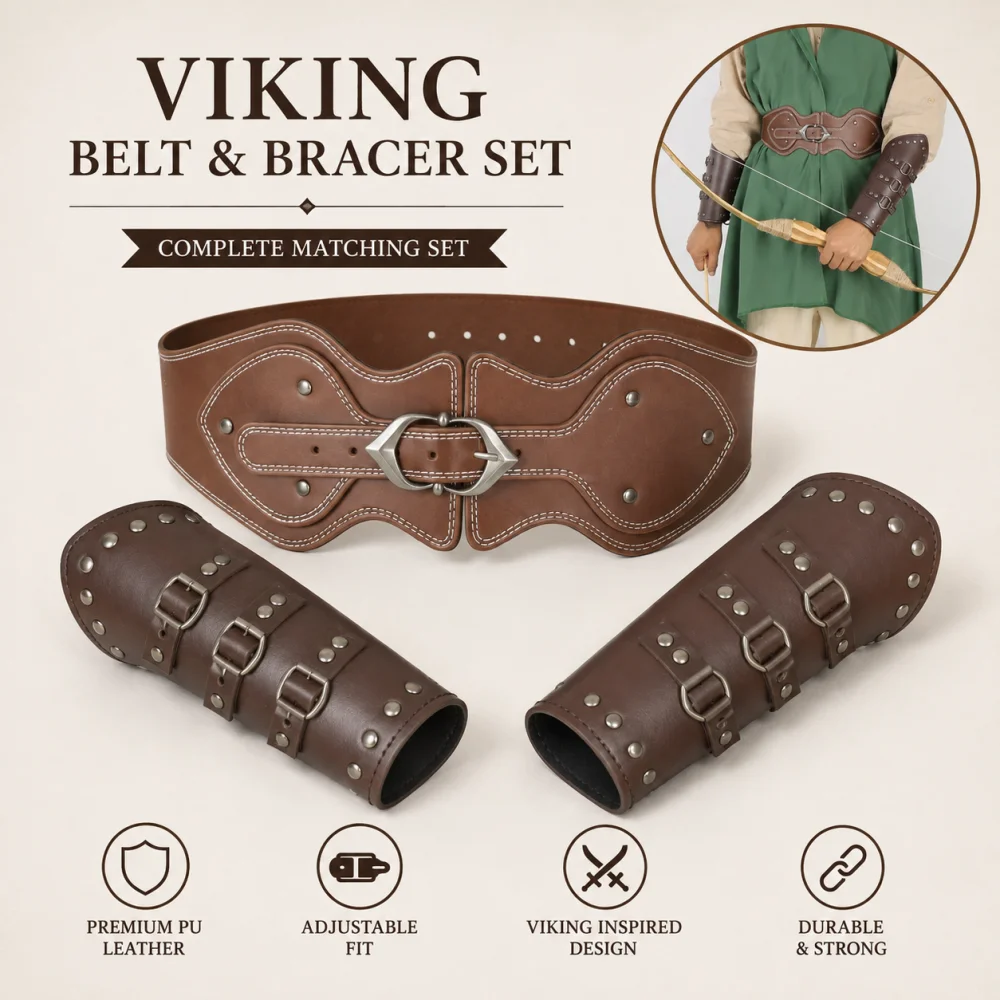 3‑Pcs Vintage Medieval PU Leather Set, Brown Wide Waist Sash & Pair Long Triple‑Buckle Bracers, Viking Warrior Ranger Knight LAR
