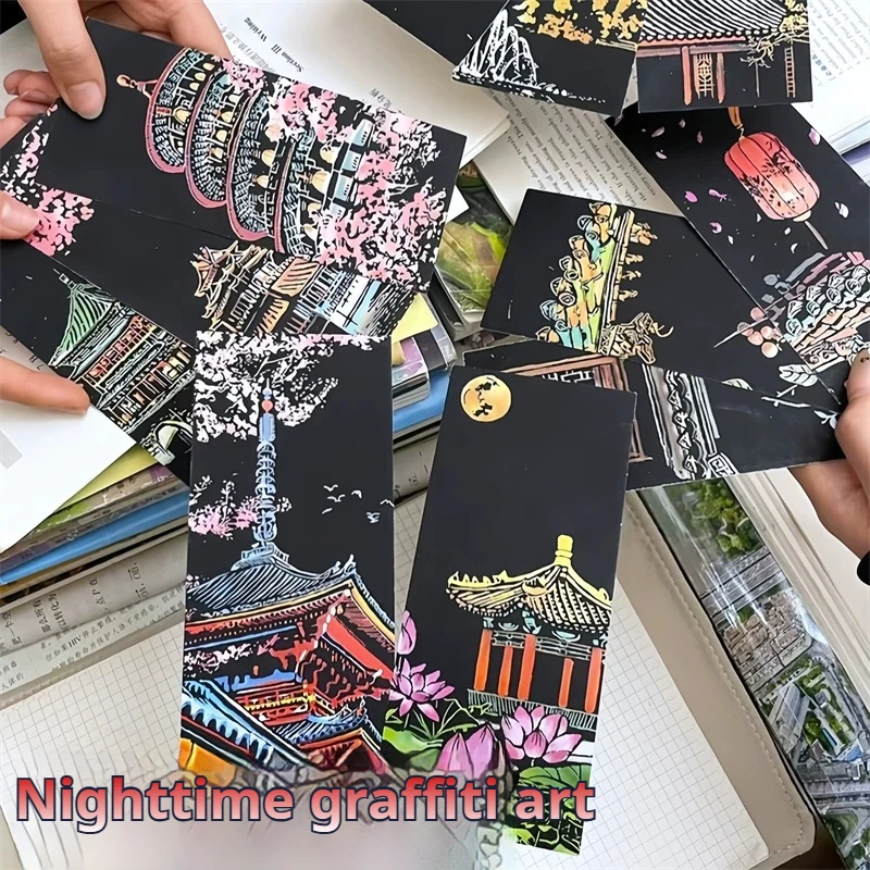 12 Pcs/Set DIY Scratch Painting World Famous Architectural Night Scenery Scraping Painting Manual Scratch Drawing Xmas Gift Card