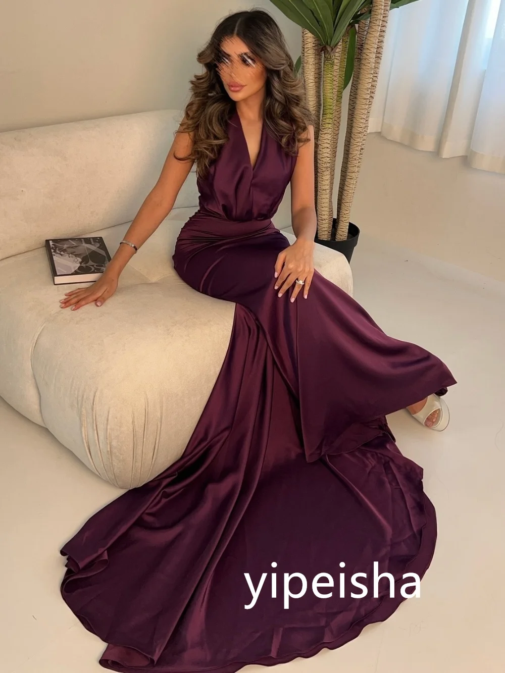 Vestidos largos formales personalizados con cuello en V de sirena plisada vestidos de noche Casual Simple moda Retro elegante exquisito de alta calidad C