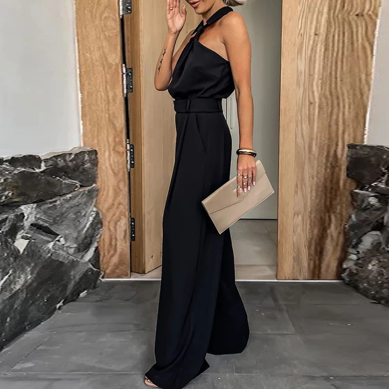 Sexy Halter Off Shoulder Commuter Jumpsuit Women Spring Solid High Waist Straight Romper Summer Back Zip Wide Leg Pants Overalls