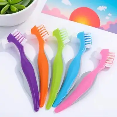 5 Buah Sikat Gigi Pembersih Gigi Tiruan Sikat Gigi Kepala Ganda untuk Gigi Palsu Bulu Lembut Kit Perjalanan Perawatan Gigi Lansia Kompak Portabel