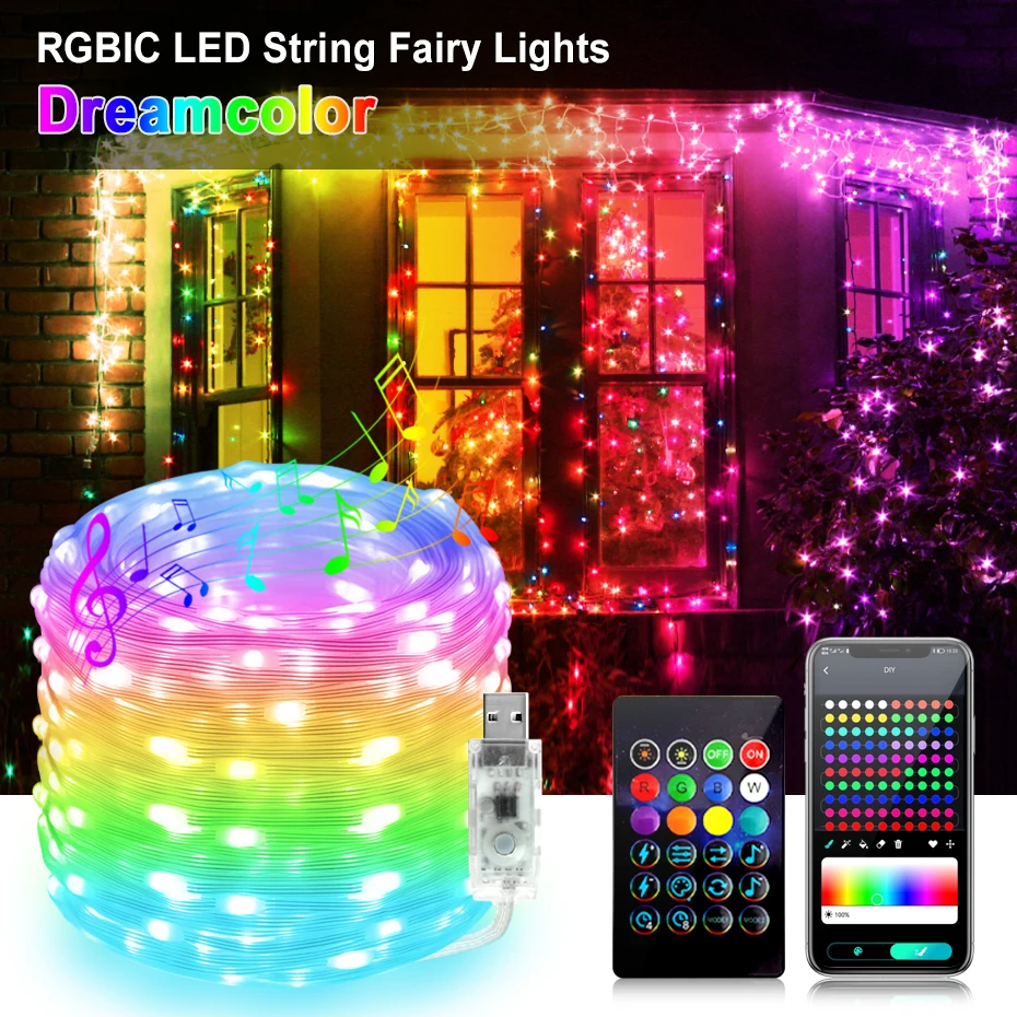 Smart LED Fairy String Lights USB 5V Dreamcolor Christmas Lights WS2812B RGBIC String Lamp Bluetooth Control Outdoor Waterproof