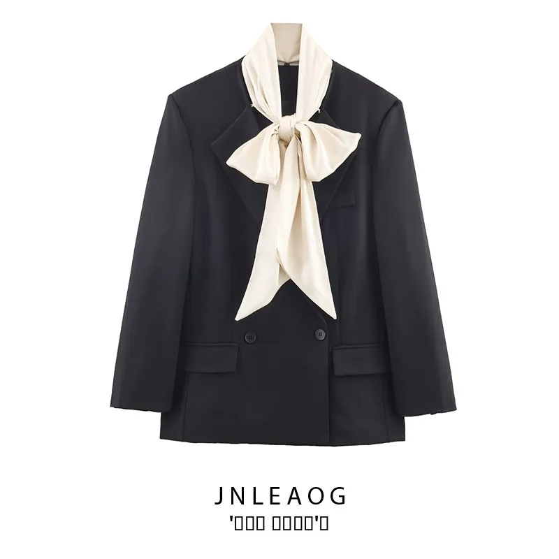 

JNLEAOG Autumn New Women's Faion Color Blo Design Scarf Suit Jaet Versatile Long Sve Busin Casual Double Button