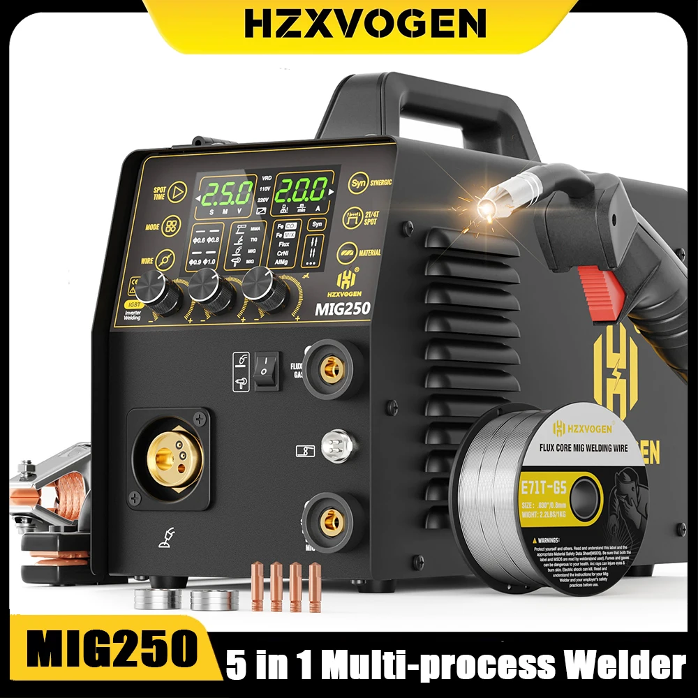 Hzxvogen Mig250 Aluminum Mig Welder 250A 110V/220V Gas Mig/Gasless Mig/Stick/Lift Tig/Spool Gun/Spot 5 in 1 Welding Machine Tool