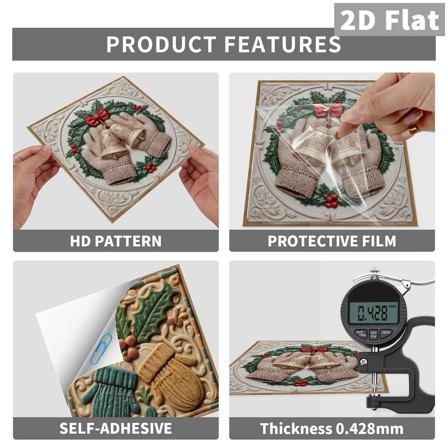 Vintage relief Christmas gloves, bell tiles, stickers, bathroom, kitchen, living room, self-adhesive decorative stickers