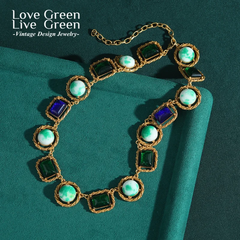 

Vintage Round Square Natural Stone Charm Necklace Gold Color For Woman Luxury High Quality Jewelry Accessories Women Designer