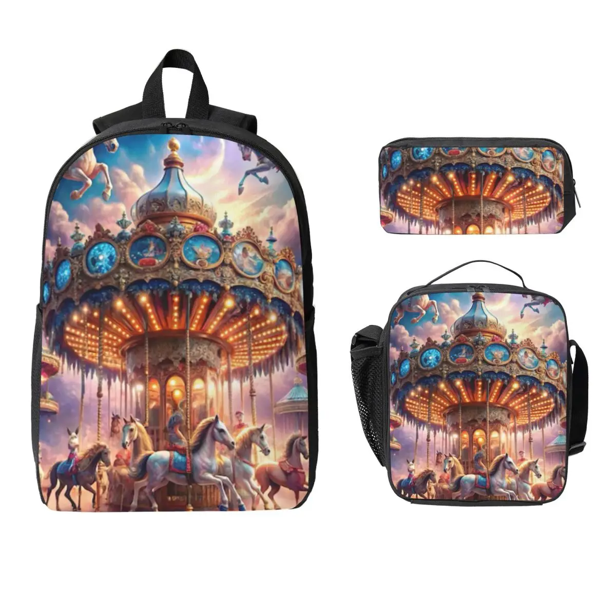 Artistic Details Of A Carousel Backpack Boys Girls BookBag School Bag Laptop Shoulder Bags 3ps Insulated Lunch Bag Pencil Case