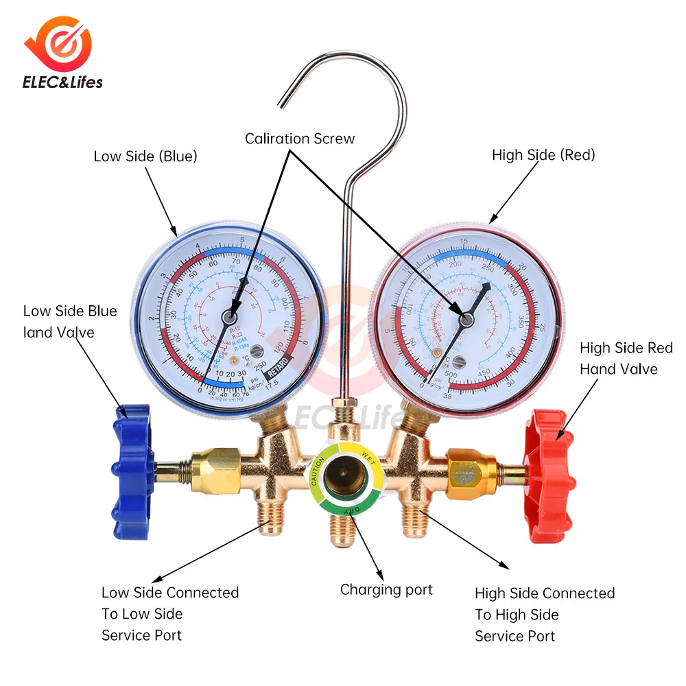 R134a Air Conditioning Pressure Gauge with Hose and Hook 3 Way AC Diagnostic Manifold Gauge Set Freon For R12 R22 R404A R134a