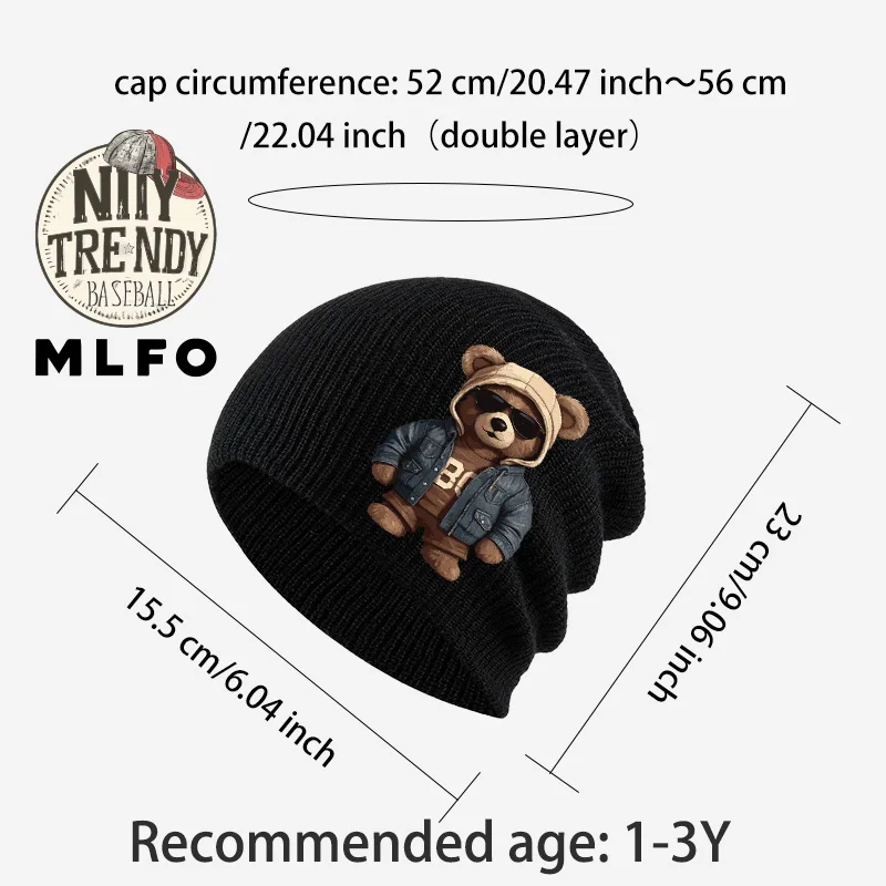 1‑3 Years Kids Knit Cold Hat Cool Dressed Bear Cartoon Print Toddler Stylish Knitted Beanie Street Casual Headwear