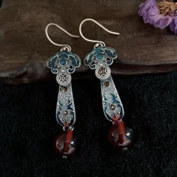 National Style Red Agate Earings 925 Silver Blue Retro Ruyi Lapis Lazuli Earrings for Women Exquisite Banquet Jewelry