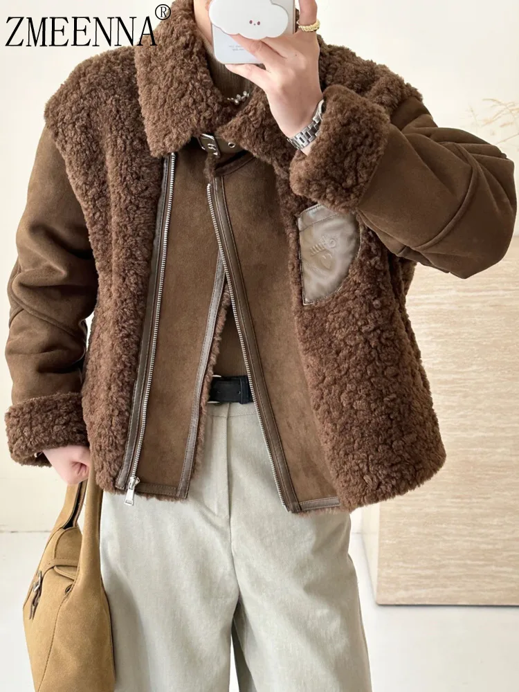 

ZMEENNA Womens Warm Brown Shearling Faux Suede Jacket With Zip Up Style Winter Thick Lined Outerwear Cozy Coat ZM4719
